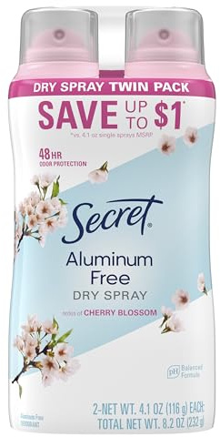 Secret Dry Spray Aluminum Free Deodorant for Women, 48hr Weightless Odor Protection, Gentle on Skin, Cherry Blossom Scent, 4.1 oz (Pack of 2)
