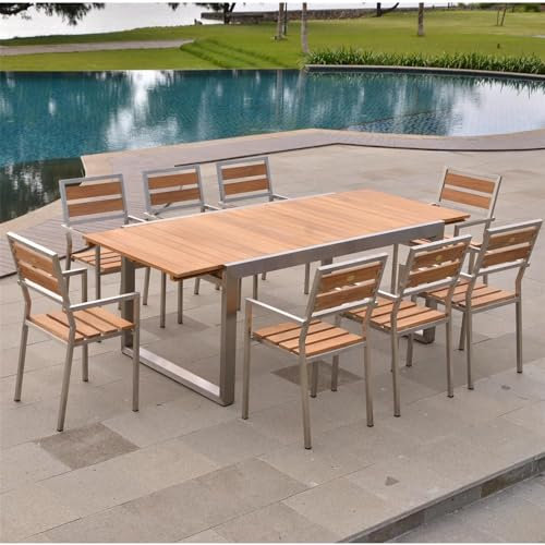 Teako Design Esstisch ausziehbar Aviolo Teakholz & Edelstahl, Esstisch, Rechteckig, Naturfarben, Verschiedene Größen, Massivholz, Gartentisch, Outdoor-Hoztisch (240-350 x 100 cm)