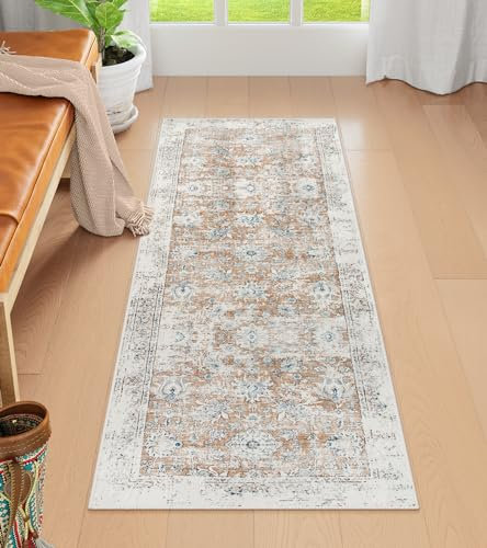 Lahome Waschbarer Läufer, Vintage-Stil, Blumenmuster, 5 x 12,7 cm, rutschfest, Badezimmerläufer, weich, ultradünn, Läufer für Flur, Teppichläufer für Schlafzimmer, 60 x 152 cm, Terrakotta-Muster