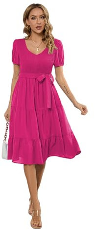 HEYPORK Damen Frühling Sommer Kleider Bequem Lässig Kleid Mode Elegant Röcke Frauen Rundhals Kurze Ärmel Schlanker Saum Spleißen Kuchen Kleid Freizeitkleider(Rot-1, XL)