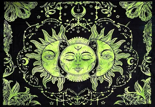 AVA Collections Tarot-Tapisserie Sonne und Mond, psychedelischer Wandteppich, himmlische Baumwolle, Wandbehang, Wandteppich, indisches Mandala, böhmisches Hippie-Poster, Größe 101,6 x 76,2 cm (grün