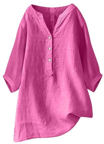 YIzdegg Camicia da donna a maniche a 3/4, con scollo a V, estiva, casual, maglietta basic a tunica a maniche lunghe, leggera, estiva, in lino e cotone, Rosa acceso., XL