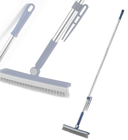 Floor Scrubbing Brush with 57 Adjustable Long Handle,3 in 1 Living Grout Brush with Squeegee,V-Shape Stiff Bristle,Heavy Duty Bathroom Cleaning Tool for Tile,Deck,Patio,Wall,Garage,Kitchen