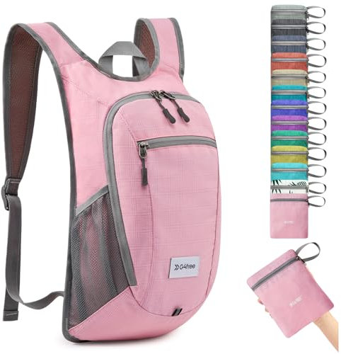 G4Free Kleiner Rucksack, 10/15 l, faltbar, leicht, verstaubar, Tagesrucksack, Reisen, Outdoor, Wandern, Schultertasche, Rosa kariert, 10Liters