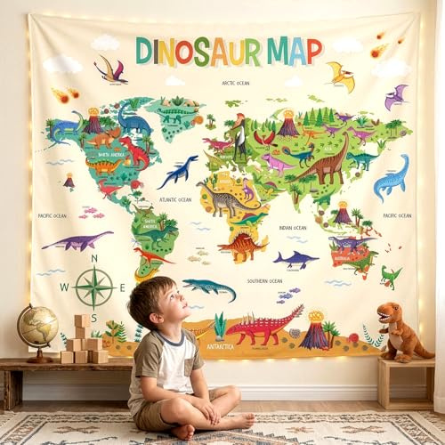 DECOWALL TP-012 Dinosaurier-Weltkarten-Wandteppich, 150 x 130 cm, Poster für Kinder, pädagogisches Lernen, Wandbehang für Schlafzimmer, Wohnzimmer, Kinderzimmer, Wohnheim, Heimdekoration, Kunst