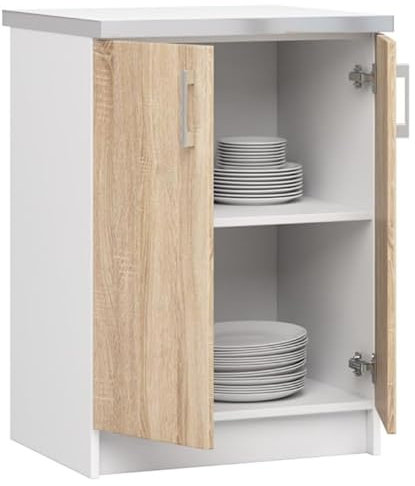 BDW - Küchenschrank Weiß/Sonoma - Schrank Küche mit Türen und Arbeitsplatte - Schrank 60 cm breit, 85 cm hoch - Küchenschränke Einzeln, Küchenmöbel Einzelteile