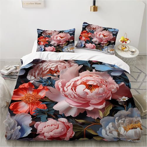 Luowei Bettwäsche 135x200 Blumen Motiv Rosa Bunt Floral Bettwäsche 3D Aesthetic Blumen Bettwäsche Weich Kuschelig Mikrofaser Bettwäsche 2teilig mit Reißverschluss und 80x80 cm Kissenbezug