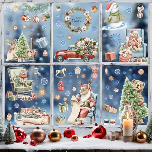 9 Feuilles Noël Autocollants Stickers de Fenêtre Double Face Amovibles Sticker Renne Bonhomme de Neige Flocon de Neige Voiture Sapin Boucle de Noël Cadeau Chat Décoration DIY pour Fête Hiver Noël