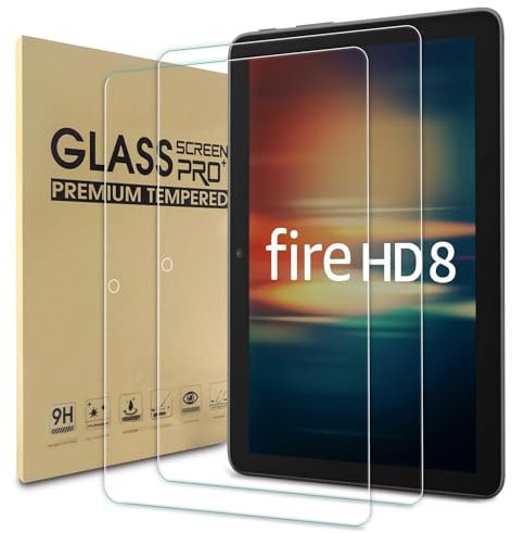 WD&CD 2 Pack Schutzfolie kompatibel mit Amazon Fire HD 8 8 2024/2022 / 2020, 2.5D Tempered glass screen protector, 9H hardness【Anti Scratch】【Bubble Free】