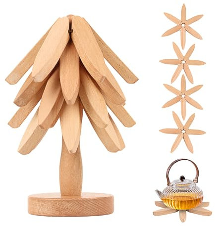 Hölzerne Untersetzer,5 Stück Untersetzer Baum Design + 1 Ständer,Faltbar Topfuntersetzer Verbrühungsmatte Holzuntersetzer,Tisch Untersetzer-Set für Heiße Gerichte,Töpfe,Schüssel,Teekanne (Hölzern)