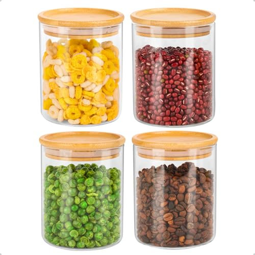 KYYLZ Vorratsgläser mit Deckel 4er Set,500ml Vorratsdosen Glas mit Holzdeckel,Glasbehälter Luftdicht Lebensmittelbehälter aus Borosilikatglas,Aufbewahrungsgläser Küche für Kaffee,Gewürze,Getreide