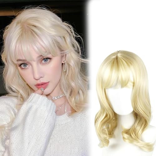 FOSDICK 45cm Blonde Perücke Kurz mit Pony, Perücke Blond Kurz Lockig Synthetische Haar Hitzebeständig Perücken Blonde Wig für Den Täglichen Gebrauch Party Karneval
