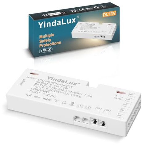 YindaLux Transformateur 220V à 12V 3A LED Driver 36W, Aucun clignotement LED, aucun bruit, Convertisseur De Tension AC à DC Adaptateur Transfo Constante pour Spots encastrés 12V