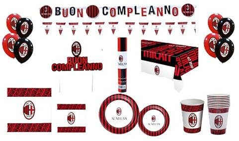 Kit Compleanno Milan per 24 Persone – Set Festa 106 Pezzi con Piatti, Bicchieri, Tovaglioli, Palloncini, Tovaglia, Festoni, Sparacoriandoli e Topper Torta – Addobbi Tema Milan per Bambini e Tifosi