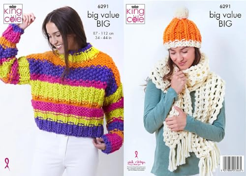 King Cole Womens Knitting Pattern Chunky Ladies Sweater Scarf & Hat (6291)