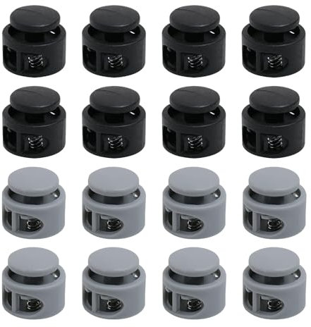 FunWorth 16 Stück Kordelstopper mit 2 Löchern (17mm), Schwarz/Grau, Schnürsenkel Schnellverschluss für Schuhe, Taschen, Hüte & Rucksäcke, Robuste Kordelklemmen aus Kunststoff mit Metallfeder