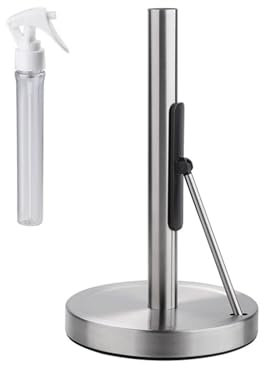 Stainless Steel Paper Towel Holder With Sprays Bottle Standing Weighted Base Tissue Roll Rack For Kitchen Countertop