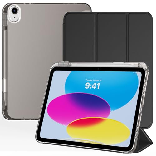 TiMOVO Compatible avec Coque Apple iPad 10ème génération 10,9 Pouces 2022 avec Porte-Stylet, Légère & Mince Étui Arrière Translucide, Prise en Charge de Touch ID, Réveil/Sommeil Auto, Noir