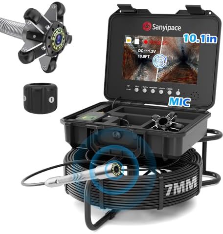 HD Kanalisationskamera 50M, Sanyipace Rohrkamera mit 512Hz Sender, Entfernungszähler und Selbstnivellierung, 10.1“ Bildschirm Rohrkamera, 7mm halbstarres Kabel, 32GB TF Karte Enthalten