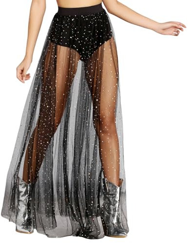 Damen 2 in 1 Transparent Mesh Rock, Damen Glitzerrock Schwarz Pailletten Tüllrock mit Shorts High Waist Maxirock Glitzer Sterne für Party (DE/NL/SE/PL, Alphanumerisch, XL, Regular, Regular, Schwarz)