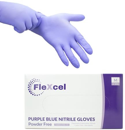 FleXcel Purple Nitrile Gloves (Box of 100) Size Medium - Multipurpose Powder Free, Latex Free, Medical Grade, Food Safe Examination Gloves - AQL 1.5 PPE Regulation 2016/425 Category III Certified