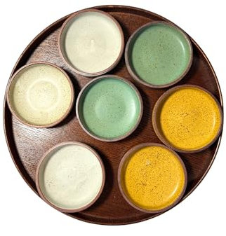 Juego de cuencos de cerámica con bandeja de madera, 7 piezas, amarillo moteado y verde menta