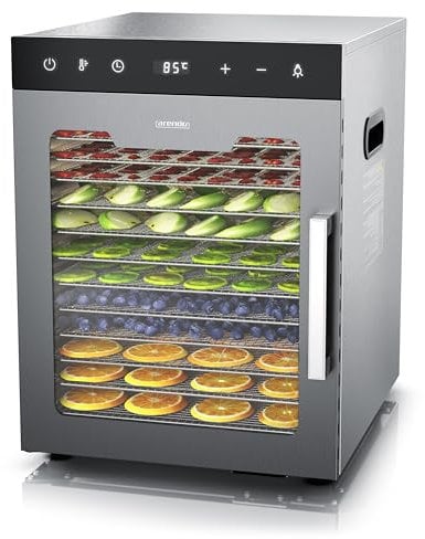Arendo - Dörrautomat Edelstahl mit 12 Edelstahlgitter - 800 W - 30°- 90°C - 12 Edelstahl Einlegetabletts mit insgesamt 10.000 cm² - Dörrgerät Dehydrator Obsttrockner Dörrapparat - Obst Fleisch Pilze