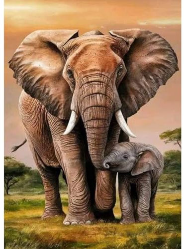 Fumupe 5D Diamond Painting Elefant Erwachsene Anfänger, Tier Diamant Painting Bilder DIY Runder Vollbohrer Diamant Malerei Stickerei Set Kreuzstich Bilder Home Wand Dekor, 30x40cm