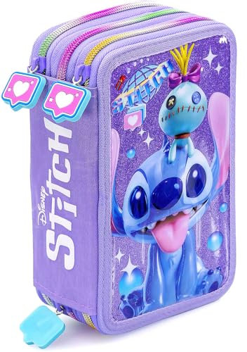 Clondo 3-Fach Federmäppchen für Stitch Fan – 45-teilig, komplett gefüllt – mit 2 löschbaren Gelstiften, Schere, Kleber, Buntstiften – Lila – ideal für Schule & als Geschenk
