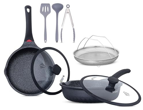 Ensemble 7-pièces poêles profondes céramique antiadhésive avec ustensiles & couvercles en verre – poêles 28/30 cm bords verseurs, empilables, écologique de luxe,compatible induction (Noir, 28/24 CM)