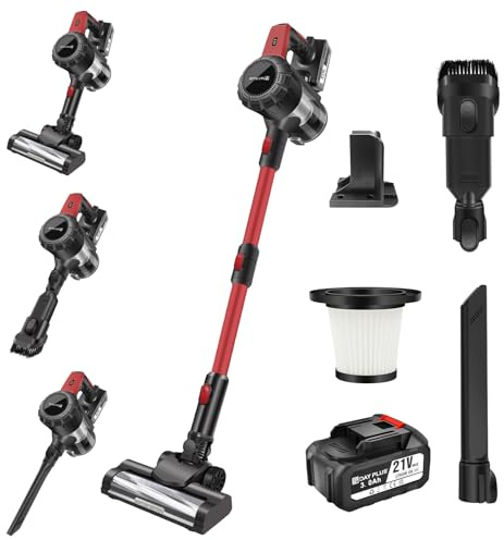 DayPlus 500W Akku Staubsauger Kabellos mit 3.0Ah Batteria, 15000Pa Handstaubsauger mit Rotierende Bodenbürste und Waschbar HEPA Filtern, Staubsauger für Hartböden, Haustier Haare