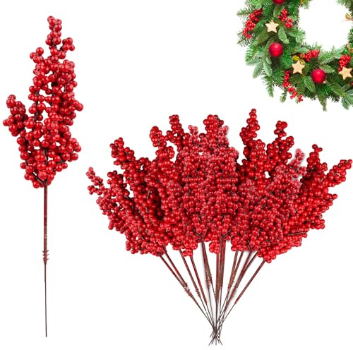 20 Stück Beerenzweig Künstlich, 20cm Künstliche Rote Beeren Realistisch Künstliche Stechpalmen Beeren Zweige, Weihnachtsbeeren Stiel Picks für Deko Adventskranz, Weihnachtsbaum(Beere)