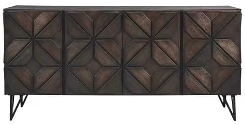 Console TV geometrica vintage americana con motivo a rombi e gambe a forcina, centro di intrattenimento in legno invecchiato