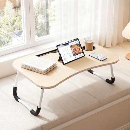 GREENSAPPIRE Laptop Bed Table with Foldable Legs - Height Adjustable Bed Tray with Cup Holder & Phone Slot, Portable Notebook Stand for Sofa Bed Floor Use (Maple)