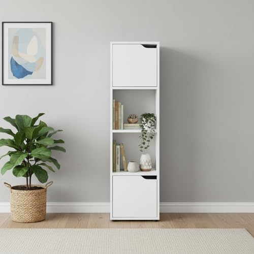 INDE MOBLEKIT | Estantería Cubo 4 Compartimentos con 2 Puertas 30x29x120 cm, Estantería Madera Blanca, Mueble Auxiliar Cocina o Librería Estrecha para Estanterías Almacenaje Vertical