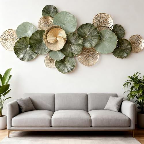 Blissio Große Wanddeko, Wandbilder Wohnzimmer, 3D Lotusblätter Design - Wanddekoration, für Sofawand,Schlafzimmer,Eingang Metall Wanddeko & Geschenke für zu Hause (130 x 64CM)