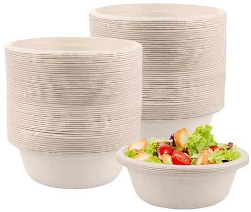 LDHHYH Lot de 100 bols à soupe jetables, 500 ml, assiettes creuses, jetables, 15,5 x 5,4 cm, en copeaux de canne à sucre, assiettes creuses, bols à soupe jetables, pour aliments chauds et froids