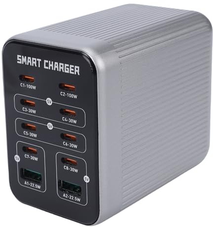 ZDAGELD PD QC-Ladestation, Tischladegerät mit 10 Anschlüssen, GaN-Lade-Hub für Laptop mit 2 X QC3.0-Ausgängen, 200 W Leistung, Bis zu 100 W Einzel-Port-Ausgang, Kompatibel mit 99% der (EU-Stecker)