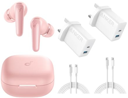 Anker USB C Plug, 2-Pack 20W Dual Port USB Fast Charger Plug, Charger for iPhone, iPad, AirPods with soundcore P31i by Anker, Real-Time Adaptive Noise Cancelling, Hi-Res Sound, 50H Playtime (Pink)