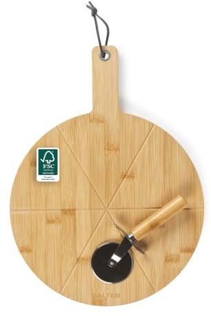 Salter Bambus-Pizzabrett-Set, rund 30 cm, FSC®-Certified | Pizzaschneider aus Edelstahl inklusive, Schnittführungen, Tragegriff, beidseitig zum Schneiden oder Servieren