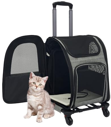 Katzenrucksack Hunderucksack mit Trolley, 2 in 1 Erweiterbar Haustier-Trolley-Rucksack mit Rädern, Tragbar und Atmungsaktiv, Transportbox für kleine Hunde und Katzen bis 15 kg (Grau)
