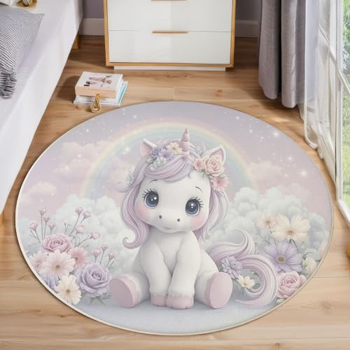 200 cm Runder Teppich mit Traum Einhorn Regenbogen Muster, ultraweich Niedliche Tiere Kinderteppich, Lila waschbar Rutschfester Kurzflor Tepich für Schlafzimmer Büro Spielzimmer