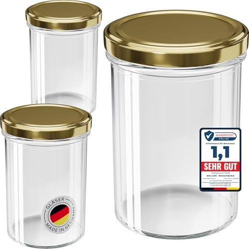 WELLGRO 50x Einmachgläser 435ml – Schraubdeckel TO82 gold – Made in Germany – Vorratsgläser, Marmeladengläser, Aufbewahrungsgläser & Gärgläser