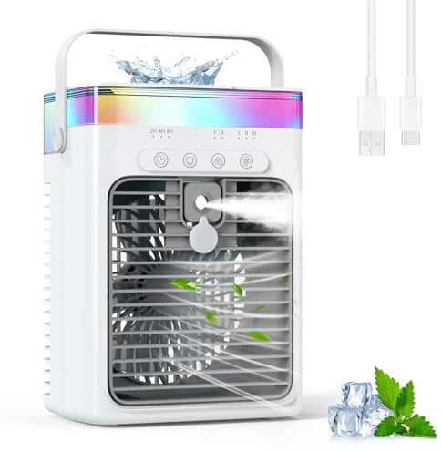 Tragbares Klimagerät, 3-in-1 Verdunstungskühler mit 3 Geschwindigkeiten & 2 Nebelmodi, 1000ml Mini Klimaanlage, USB Ventilator mit RGB Licht & Timer für Schlafzimmer Büro Schreibtisch Auto Camping