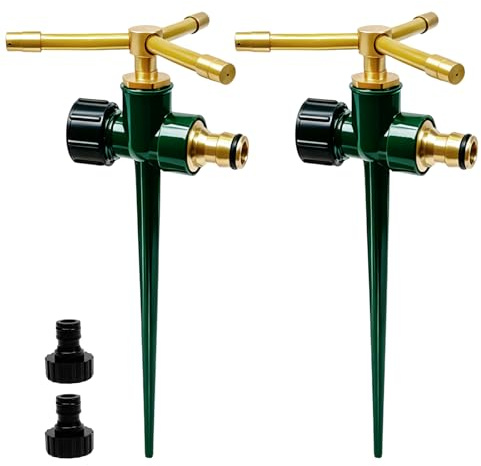 2 Pack Metal Garden Sprinkler with Spike Base – 360° Rotary 3-Arm