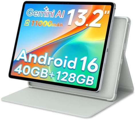PLOYER Android 16 Tablet, 13.2 Inch Tablet With 40(8+32) GB RAM+128GB ROM/1TB TF, T7300 Octa-Core, 2K Display, 11000mAh, 13MP+8MP, 4G LTE, 5G WiFi, BT5.0, Gemini AI Tablet With Protective Case, Grey