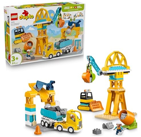 LEGO Duplo Obra y Vehículos de Construcción “3 en 1” - Juego Educativo para la Motricidad Fina - Camiones, Grúas, Excavadoras y Hormigoneras de Juguete - Regalo para Niños y Niñas de 3+ Años - 10476