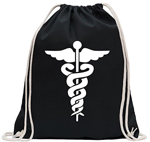 Kiwistar - Turnbeutel - schwarz - Äskulapstab - Ärztesymbol - Schlangen - Fun Rucksack Sport Beutel Gymsack Baumwolle mit Ziehgurt