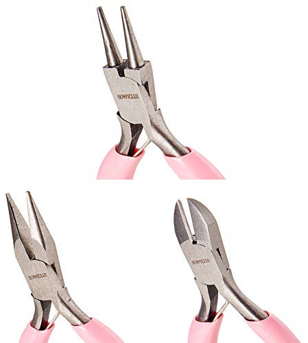 SUNNYCLUE Lot de 3 Mini Pinces à Bijoux 7,6 cm de précision Professionnelle pour la Fabrication de Bijoux - Pince coupante latérale, Longue chaîne de Nez avec coupeur, Pince à Bec Rond, Rose