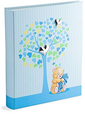 Album Fotografico Nascita 20X25 Cm 56 Pagine Bianche e 4 Pagine Diario Personalizzabili Pagine in Cartoncino Spesso e Resistente Intervallate da Pergamino, Albero della Vita Celeste con cuori Argento
